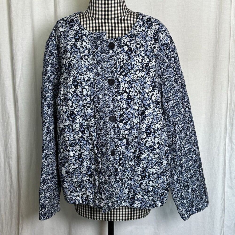 J. Jill Women's Quilted Jacket Blue Floral Boho Cottagecore 100% Cotton XL